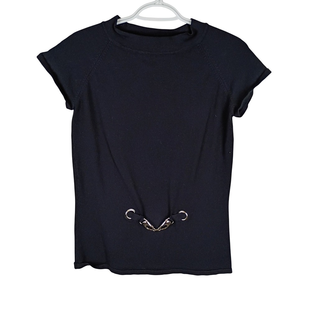 Willi Smith Black Short Sleeve Knit Top Silver Clasp Detail XL RN 105142